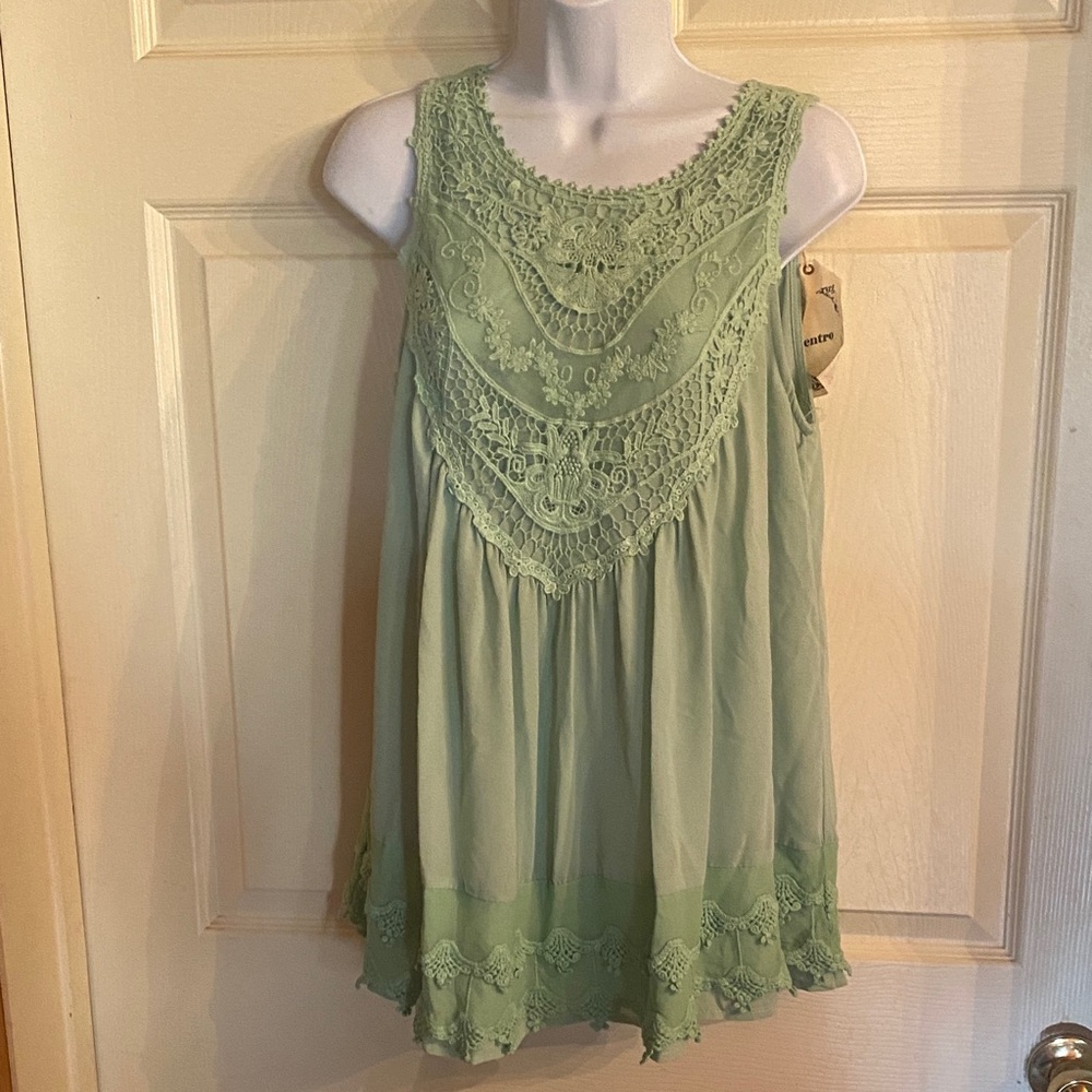 entro Sage Green Crochet Yoke Sleeveless Tunic